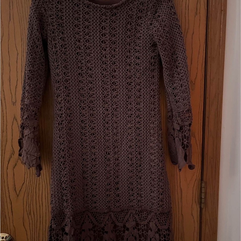 Brown Crochet Long Sleeve Dress